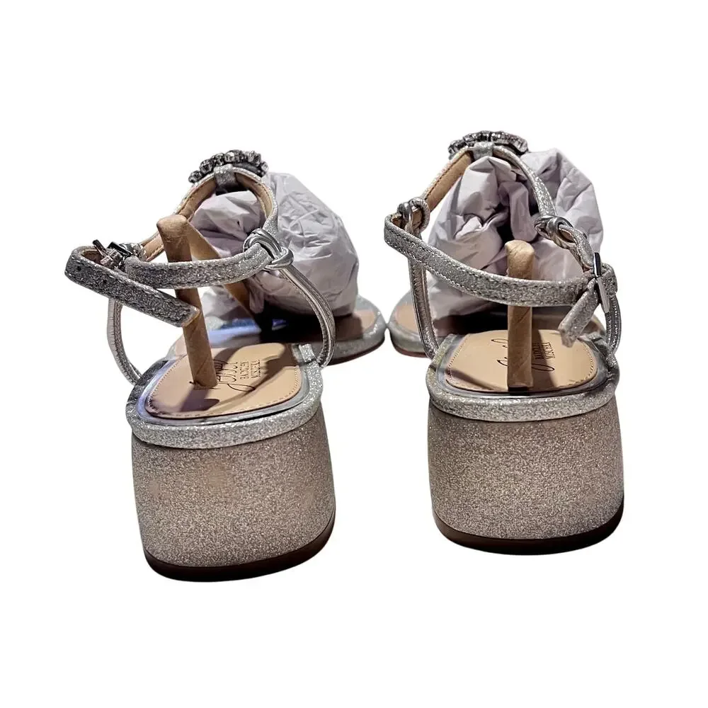 Jewel Badgley Mischka Lizette Silver Glitter Block Heel Sandals Size 9 NWOB